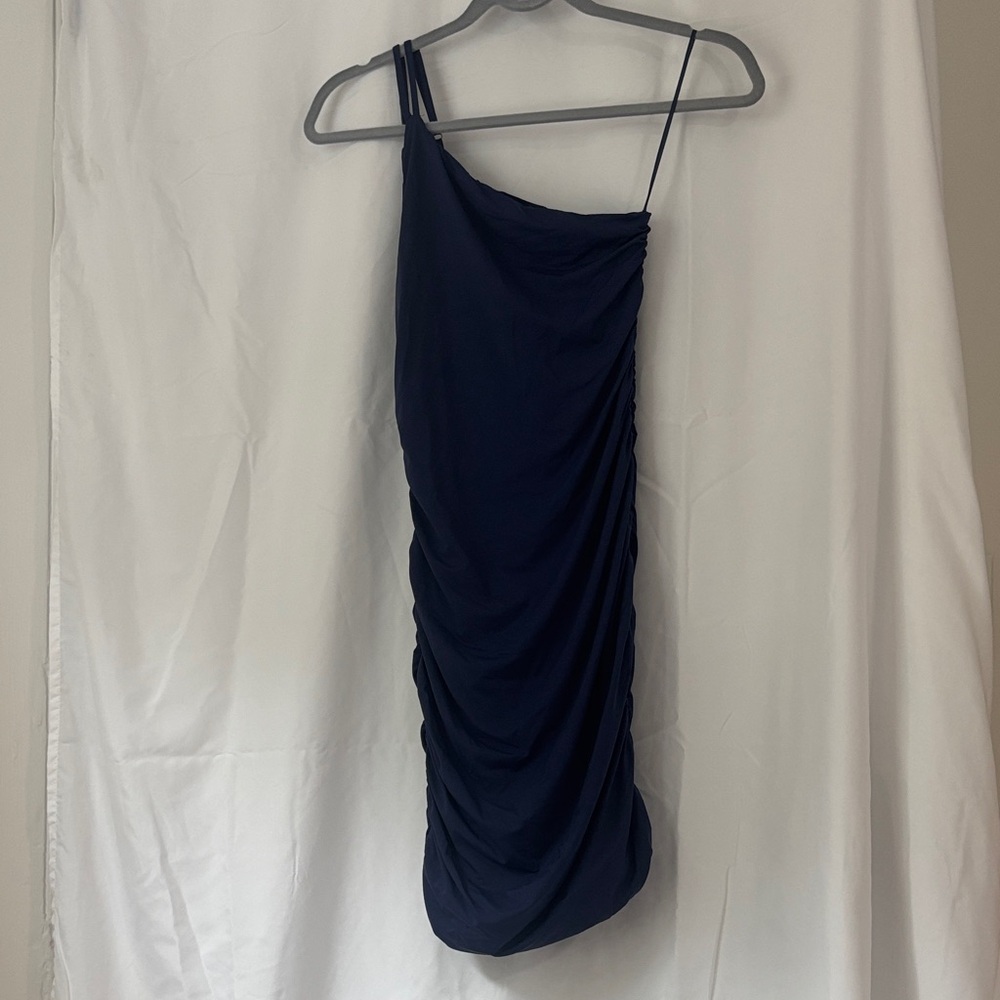 MSBV Navy Blue Ruched Asymmetrical Shoulder Dress